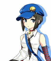 Rule 34 | 1girl, arm warmers, breasts, brown hair, cabbie hat, choker, commentary request, grey eyes, hat, highres, inoue kousei, lock, loose necktie, marie (persona 4), medium breasts, necktie, open mouth, persona, persona 4, persona 4: the ultimate in mayonaka arena, shadow, shirt, shoulder strap, sleeveless, sleeveless shirt, solo, upper body, white background