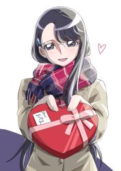 Rule 34 | 1girl, absurdres, black hair, coat, glasses, gloves, grey eyes, heart, heartcatch precure!, highres, long hair, open mouth, precure, scarf, smile, solo, tsukikage oyama, tsukikage yuri, valentine, white coat, white gloves
