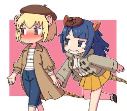 Rule 34 | 2girls, armadillo ears, armadillo tail, beret, blonde hair, blue eyes, blue hair, blush, brown coat, brown eyes, brown headwear, capri pants, casual, coat, commentary request, cowboy shot, denim, extra ears, giant armadillo (kemono friends), giant pangolin (kemono friends), grey jacket, hat, highres, holding hands, hood, hood down, jacket, jeans, kemono friends, kemono friends 3, long coat, long hair, long sleeves, looking at another, looking away, multiple girls, nose blush, official alternate costume, pangolin ears, pangolin tail, pants, pleated skirt, pozesuke, shirt, short hair, short sleeves, skirt, smile, white shirt, yellow skirt