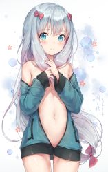 Rule 34 | 1girl, ayuanlv, blue eyes, blue sweater, blush, bow, breasts, cardigan, cowboy shot, eromanga sensei, floating hair, hair between eyes, hair bow, highres, izumi sagiri, long hair, looking at viewer, low-tied long hair, naked sweater, navel, off shoulder, open cardigan, open clothes, pink bow, silver hair, small breasts, solo, standing, sweater, underboob, very long hair, white background