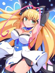 Rule 34 | 1girl, armpits, arms behind head, azure striker gunvolt, blonde hair, blush, breasts, butterfly hair ornament, cleavage, closed mouth, cougar (cougar1404), detached sleeves, dress, green eyes, hair ornament, large breasts, long hair, looking at viewer, lumen (gunvolt), smile, solo, thighhighs