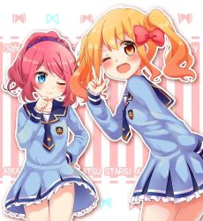 Rule 34 | 10s, 2girls, ;), ;d, aikatsu!, aikatsu! (series), aikatsu stars!, bad id, bad pixiv id, blush, bow, breasts, copyright name, cowboy shot, dress, hair bow, hair ornament, hair scrunchie, hand on own hip, hand on own chin, looking at another, looking at viewer, medium breasts, multiple girls, nijino yume, one eye closed, open mouth, pink bow, pink hair, ponytail, sailor collar, sailor dress, sakuraba rola, scrunchie, smile, striped, striped background, teeth, thighs, twintails, umino (umino00), v, vertical stripes, wavy hair