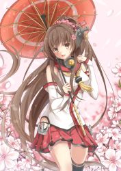 Rule 34 | 10s, 1girl, blush, brown eyes, brown hair, cherry blossoms, erika (ym0311), highres, kantai collection, long hair, looking at viewer, oil-paper umbrella, skirt, smile, solo, umbrella, very long hair, yamato (kancolle)