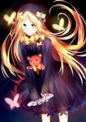Rule 34 | 1girl, :o, abigail williams (fate), black bow, black dress, black hat, blonde hair, blue eyes, blush, bow, bug, butterfly, commentary request, dress, fate/grand order, fate (series), hair bow, hat, hugging object, insect, long hair, long sleeves, looking at viewer, orange bow, parted bangs, parted lips, polka dot, polka dot bow, sleeves past wrists, solo, stuffed animal, stuffed toy, teddy bear, v arms, very long hair, yoko (yang-tzu)