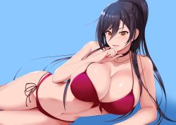 Rule 34 | 1girl, bare shoulders, bikini, black hair, blush, breasts, choker, cleavage, collarbone, commentary request, gold, hair between eyes, highres, idolmaster, idolmaster shiny colors, jewelry, large breasts, long hair, looking at viewer, lying, moo yoshio, nail polish, necklace, on side, open mouth, ponytail, red bikini, red nails, shirase sakuya, side-tie bikini bottom, sidelocks, smile, solo, swimsuit, thighs, yellow eyes