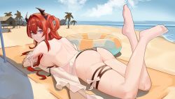 Rule 34 | 1girl, absurdres, arknights, ass, back, bare shoulders, barefoot, beach, beach umbrella, bikini, black bikini, black ribbon, bow, breasts, closed mouth, day, detached sleeves, feet up, from behind, hair rings, highres, horizon, horns, innertube, large breasts, long hair, long sleeves, looking at viewer, looking back, lying, ocean, official alternate costume, on stomach, outdoors, pomerui, purple eyes, red hair, ribbon, see-through, side-tie bikini bottom, sideboob, skindentation, solo, surtr (arknights), surtr (colorful wonderland) (arknights), swim ring, swimsuit, the pose, thigh strap, umbrella, untied bikini, water, white bow