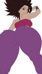 Rule 34 | 1girl, artist name, ass, ass focus, back, breasts, brown eyes, brown hair, caulifla, dragon ball, dragon ball super, from below, highres, huge ass, long hair, looking at viewer, looking back, looking down, noblood (ryandomonica), pants, sideboob, solo, spiked hair, strapless, thick thighs, thighs, tube top, white background, wide hips