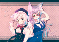 Rule 34 | 2girls, ;d, animal ears, artist name, bad id, bad pixiv id, beret, blush, bow, bowtie, brown eyes, collared shirt, dated, dress, fox ears, fox girl, german text, glasses, grey hair, hair between eyes, hair flaps, hand up, hands up, hat, holding own arm, long hair, long sleeves, looking at viewer, milestone celebration, misaki yuu, multiple girls, neckerchief, one eye closed, open mouth, original, parted lips, polka dot, polka dot background, red-framed eyewear, red bow, red bowtie, sailor dress, semi-rimless eyewear, shirt, short hair, skirt, smile, suspender skirt, suspenders, swept bangs, thick eyebrows, translated, upper body, white shirt
