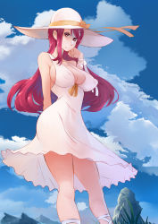 Rule 34 | 1girl, bh001, blush, breasts, brown eyes, cleavage, cloud, day, dress, covered erect nipples, hat, hat ribbon, large breasts, long hair, mountain, original, red eyes, ribbon, sky, smile, solo, white dress