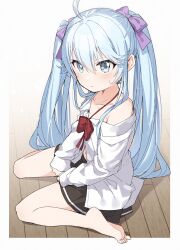 Rule 34 | 1girl, absurdres, ahoge, barefoot, black skirt, blue eyes, blue hair, bow, closed mouth, collarbone, collared shirt, commentary, denpa onna to seishun otoko, dress shirt, feet, full body, grey background, hair bow, highres, long hair, long sleeves, looking at viewer, off shoulder, pleated skirt, purple bow, red bow, shirt, simple background, sitting, skirt, sleeves past wrists, soles, solo, toes, touwa erio, twintails, very long hair, wariza, white shirt, wooden floor, yukie (kusaka shi)