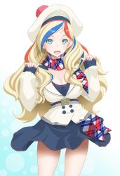 Rule 34 | belt, beret, blonde hair, blue eyes, blue hair, breasts, buttons, cleavage, clothes lift, commandant teste (kancolle), cowboy shot, double-breasted, french text, gradient background, graphite (medium), hat, highres, jacket, kantai collection, long hair, multicolored hair, open mouth, plaid, plaid scarf, pom pom (clothes), red hair, scarf, skirt, smile, solo, streaked hair, swept bangs, t2r, traditional media, wavy hair, white hair