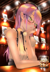 Rule 34 | 1girl, absurdres, alcohol, bar (place), bespectacled, black-framed eyewear, black nails, black ribbon, black skirt, blush, breasts, ceiling light, closed mouth, collared shirt, commentary, cup, ear piercing, earrings, embarrassed, eyes visible through hair, frilled shirt, frills, glasses, green eyes, head rest, highres, hololive, ice, ice cube, indoors, jewelry, lens flare, lips, long hair, looking away, looking to the side, menomeno draw, multicolored hair, nail polish, neck ribbon, official alternate costume, piercing, pink hair, pom pom (clothes), portrait, purple eyes, ribbon, semi-rimless eyewear, shirt, shirt tucked in, skirt, sleeveless, sleeveless shirt, small breasts, solo, streaked hair, suspender skirt, suspenders, tokoyami towa, two-tone hair, upper body, virtual youtuber, white shirt, wing collar