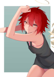 Rule 34 | 1girl, absurdres, ahoge, arknights, bare shoulders, black shirt, bra, breasts, commentary request, cowboy shot, detached wings, exusiai (arknights), female focus, green background, hair between eyes, halo, highres, legs together, light smile, looking at viewer, outside border, panties, red hair, red panties, shirt, short hair, simple background, small breasts, smile, solo, striped bra, striped clothes, striped panties, thighs, tian115, underwear, white background, wings