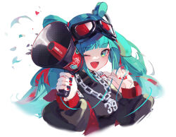 Rule 34 | 1girl, 39, ;d, absurdres, aqua eyes, aqua hair, bare shoulders, black jacket, black shirt, chain, commentary, cropped torso, goggles, goggles on head, hatsune miku, heart, highres, holding, holding megaphone, jacket, long hair, long sleeves, looking at viewer, magical mirai (vocaloid), magical mirai miku, magical mirai miku (2023), megaphone, nail polish, one eye closed, open clothes, open jacket, open mouth, puffy long sleeves, puffy sleeves, red nails, shirt, simple background, sleeveless, sleeveless shirt, smile, solo, twintails, upper body, very long hair, vocaloid, wang man, white background