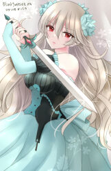 Rule 34 | 1girl, black sleeves, blind justice, blue dress, breasts, bridal gauntlets, brown hair, closed mouth, corrin (female) (fire emblem), corrin (fire emblem), cosplay, detached sleeves, dress, fire emblem, fire emblem fates, hair between eyes, hands up, highres, holding, holding sword, holding weapon, kirishima riona, long hair, looking at viewer, medium breasts, nintendo, pleated dress, pointy ears, puffy short sleeves, puffy sleeves, red eyes, short sleeves, solo, striped sleeves, sword, translation request, very long hair, weapon