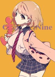 Rule 34 | 10s, 1girl, alternate breast size, black skirt, blonde hair, breasts, brown eyes, closed mouth, copyright name, cowboy shot, finger on trigger, gun, hair ornament, hairclip, heart, heart hair ornament, highres, holding, holding gun, holding weapon, jacket, large breasts, looking at viewer, mochizuki kei, narusawa ryouka, necktie, occultic;nine, open clothes, open jacket, plaid, plaid skirt, pleated skirt, school uniform, short hair, skirt, solo, striped necktie, striped neckwear, weapon