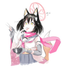 Rule 34 | 1girl, animal ear fluff, animal ears, ascot, black gloves, black hair, blue archive, blue skirt, bowl, breasts, chopsticks, elbow gloves, flying sweatdrops, food, food in mouth, fox ears, fox girl, fox tail, gloves, hair ornament, halo, highres, holding, holding bowl, holding chopsticks, izuna (blue archive), kuroneko (kuroneko3zizi), mochi, one side up, partially fingerless gloves, pink ascot, sailor collar, scarf, shirt, short hair, simple background, skirt, sleeveless, sleeveless shirt, small breasts, solo, tail, white background, white shirt, yellow eyes
