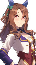 Rule 34 | 1girl, animal ears, blush, bow, breasts, brown hair, choker, cleavage, starting future (umamusume), cropped jacket, ear covers, hair bow, hand on own hip, highres, horse ears, horse girl, king halo (umamusume), long hair, long sleeves, medium breasts, midriff, navel, nonono (1399900), red hair, simple background, smile, solo, umamusume, white background