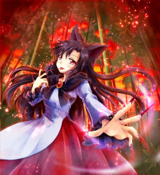 Rule 34 | 1girl, animal ears, bamboo, bamboo forest, brooch, female focus, fingernails, fire, forest, highres, imaizumi kagerou, izumi akane, jewelry, light particles, long fingernails, long hair, nail polish, nature, pink eyes, red nails, shirt, skirt, solo, tail, tongue, tongue out, touhou, very long hair, wide sleeves, wolf ears