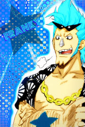 Rule 34 | 1boy, blue background, blue hair, chain, character name, crossed arms, cyborg, franky (one piece), jewelry, ladynoa, male focus, necklace, one piece, open clothes, open shirt, shirt, simple background, solo, star (symbol), sunglasses, tattoo