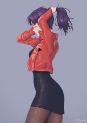 Rule 34 | 1girl, arms up, black dress, black pantyhose, closed eyes, closed mouth, dress, from side, grey background, highres, jacket, katsuragi misato, long hair, long sleeves, neon genesis evangelion, open clothes, open jacket, pantyhose, profile, purple hair, ranveld, red jacket, shiny clothes, shiny legwear, short dress, signature, simple background, solo, standing, tying hair
