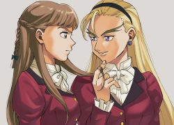 Rule 34 | 2girls, blonde hair, blouse, bow, braid, brown hair, crown braid, dorothy catalonia, earrings, female focus, forked eyebrows, green eyes, gundam, gundam wing, hairband, highres, holding another&#039;s hair, jacket, jewelry, lips, long hair, long sleeves, looking at another, multiple girls, parted lips, purple eyes, red jacket, relena peacecraft, school uniform, shirt, smile, tommmmieee, upper body, white bow, white shirt, yuri