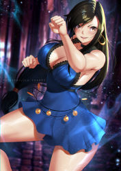 Rule 34 | 1girl, bare shoulders, black hair, blue dress, breasts, brown eyes, cleavage, crescent, crescent earrings, dress, earrings, fighting stance, final fantasy, final fantasy vii, final fantasy vii remake, highres, jewelry, large breasts, long hair, low-tied long hair, lulu-chan92, muscular, muscular female, open mouth, short dress, smile, solo, tifa lockhart, tifa lockhart (refined dress), wall market