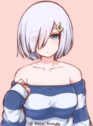 Rule 34 | 10s, 1girl, alternate costume, bare shoulders, blue eyes, breasts, collarbone, disco brando, eyes visible through hair, hair ornament, hair over one eye, hairclip, hamakaze (kancolle), jitome, kantai collection, large breasts, looking at viewer, off-shoulder shirt, off shoulder, shirt, short hair, silver hair, simple background, sleeves past wrists, solo, striped clothes, striped shirt, twitter username, upper body