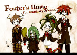 Rule 34 | 3boys, ahoge, amputee, animification, blooregard q kazoo, blush, brown gloves, brown hair, cartoon network, coco (foster&#039;s), collar, copyright name, demon boy, doll, double amputee, dress, eduardo, eyepatch, facing viewer, fangs, formal, foster&#039;s home for imaginary friends, glasses, gloves, green hair, grin, hair ornament, hand on own hip, horns, humanization, long hair, male focus, multiple boys, necktie, no shoes, one eye closed, personification, red hair, rinne (ringe), single horn, skull, smile, sunglasses, thighhighs, wilt, wink