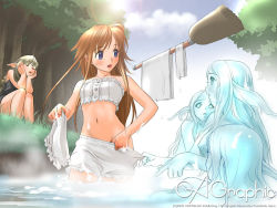Rule 34 | 5girls, artist name, bloomers, bloomers pull, blue eyes, blue skin, blush, bra, breasts, broom, brown hair, closed eyes, cloud, colored skin, copyright name, covered erect nipples, day, elf, eye contact, fantasy, fins, floating, floating object, forest, gagraphic, grass, groin, head fins, head rest, lens flare, lingerie, long hair, looking at another, medium breasts, midriff, monster girl, multiple girls, nature, navel, nude, open mouth, outdoors, panties, panty pull, pointy ears, river, sano toshihide, sitting, sky, slime girl, standing, sun, sweatdrop, towel, tree, underwear, underwear only, undine, wading, wallpaper, washing, water, white bloomers, witch, yuri