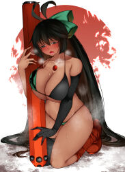 Rule 34 | 1girl, absurdly long hair, alternate breast size, alternate costume, alternate hair length, alternate hairstyle, antenna hair, aoshima, bikini, black gloves, black hair, black thighhighs, blush, boots, bow, breast press, breasts, breath, collarbone, commentary request, curvy, elbow gloves, fingernails, full body, furrowed brow, gloves, green bow, grey eyes, hair between eyes, hair bow, half-closed eyes, hand up, highres, holding, holding weapon, hot, huge breasts, kneeling, long hair, looking down, micro bikini, navel, no wings, nose blush, open mouth, outstretched arm, red footwear, reiuji utsuho, single glove, single thighhigh, solo, stomach, strap gap, sweat, swimsuit, tan, thighhighs, touhou, unaligned breasts, very long hair, weapon