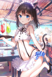 Rule 34 | 1girl, animal ears, apron, bare arms, bare shoulders, black footwear, black hair, blue eyes, blurry, breasts, cat ears, cat girl, cat tail, collared shirt, crop top, cup, day, depth of field, drinking glass, drinking straw, frilled shirt, frills, high heels, hurricane glass, leg up, looking at viewer, maid, maid apron, maid headdress, medium hair, microskirt, midriff, navel, neck ribbon, one side up, original, parted lips, rangu, ribbon, shirt, skirt, sleeveless, sleeveless shirt, small breasts, solo, stomach, suspenders, tail, thighs, tray, underboob, waist apron, white shirt