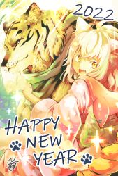 Rule 34 | 1boy, 1girl, 2022, :d, animal ears, carrying, cat ears, cat girl, cat tail, chinese zodiac, fang, furry, furry male, happy new year, highres, hood, hood down, hooded kimono, japanese clothes, kimono, mono (nekogoya), new year, open mouth, original, pink kimono, princess carry, short hair, smile, tail, tiger ears, white hair, year of the tiger, yellow eyes