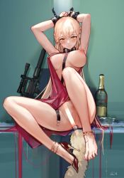 Rule 34 | 1girl, absurdres, alternate costume, anal tail, armpits, assault rifle, bad id, bad pixiv id, barbell piercing, barefoot, bdsm, black gloves, bondage, bound, breasts, breasts apart, bullpup, butt plug, censored, cuffs, fake tail, feet, girls&#039; frontline, gloves, gun, high-waist skirt, high heels, highres, iuui, lactation, long hair, nipple piercing, nipples, no bra, no panties, orange eyes, ots-14 (girls&#039; frontline), ots-14 (ruler of the banquet) (girls&#039; frontline), ots-14 groza, piercing, pussy, restrained, rifle, scope, skirt, solo, suppressor, tail, thighs, very long hair, weapon, yellow eyes