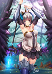 Rule 34 | 1girl, adsouto, armor, armored dress, armpits, bare shoulders, blue eyes, breasts, choker, crown, dress, frown, gwendolyn (odin sphere), hair ornament, highres, holding, holding polearm, holding spear, holding weapon, medium breasts, multicolored wings, odin sphere, polearm, purple eyes, short hair, solo, spear, strapless, strapless dress, thighhighs, valkyrie, vanillaware, weapon, white hair, wings