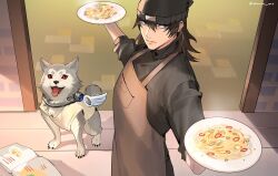Rule 34 | 1boy, apron, aragaki shinjirou, beanie, black headwear, book, brown apron, brown eyes, brown hair, commentary, dog, english commentary, food, grey fur, hat, holding, holding plate, indoors, koromaru (persona), male focus, open book, parted lips, pasta, persona, persona 3, plate, red eyes, spaghetti, standing, steam, tk (tksnim), tongue, tongue out