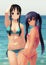 Rule 34 | 2girls, adjusting clothes, adjusting swimsuit, akiyama mio, arm up, armpits, artarchanime, ass, back, bad id, bad pixiv id, bikini, bikini pull, black eyes, black hair, blue one-piece swimsuit, breasts, butt crack, cleavage, clothes pull, day, face, flat chest, groin, k-on!, large breasts, long hair, looking at viewer, looking back, midriff, multiple girls, nakano azusa, navel, ocean, one-piece swimsuit, one-piece tan, outdoors, pink one-piece swimsuit, pulled by self, shiny skin, side-tie bikini bottom, swimsuit, tan, tanline, thigh gap, thong tanline, underboob
