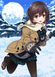 Rule 34 | 1girl, :d, black pantyhose, blue sky, blurry, blush, bow, bowtie, breasts, brown coat, brown eyes, brown hair, coat, commentary request, day, depth of field, duffel coat, enpera, fringe trim, from side, green bow, green bowtie, green skirt, hair between eyes, highres, holding, loafers, long hair, looking at viewer, medium breasts, mittens, open mouth, original, outdoors, pantyhose, plaid, plaid bow, plaid bowtie, plaid neckwear, plaid skirt, pleated skirt, scarf, school uniform, shoes, skirt, sky, smile, snow, snowball, solo, standing, standing on one leg, sweater, throwing, unasaka ryou, white scarf, winter
