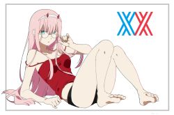Rule 34 | 1girl, adjusting eyewear, aqua eyes, bare arms, bare legs, barefoot, black shorts, border, breasts, chromatic aberration, collarbone, commentary request, darling in the franxx, feet, full body, glasses, grey border, hairband, hand up, hari611, horns, long hair, looking at viewer, medium breasts, midriff peek, open mouth, pink hair, red horns, red tank top, semi-rimless eyewear, short shorts, shorts, solo, strap slip, tank top, thighs, under-rim eyewear, white background, white hairband, zero two (darling in the franxx)