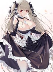 Rule 34 | 1girl, azur lane, between breasts, black bow, black dress, black nails, bow, breasts, cleavage, closed mouth, clothes lift, collarbone, dress, dress lift, earrings, formidable (azur lane), frilled dress, frills, hair bow, highres, icomochi, jewelry, large breasts, long hair, long sleeves, looking at viewer, nail polish, pantyhose, red eyes, silver hair, solo, twintails, very long hair, white pantyhose