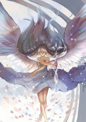 Rule 34 | 1girl, angel wings, bare arms, bare legs, bare shoulders, commentary, dragon, dress, highres, long hair, looking at viewer, original, personification, pixiv fantasia, pixiv fantasia t, polearm, sishenfan, solo, spear, strapless, strapless dress, very long hair, weapon, white dress, white hair, wind, wings, yellow eyes