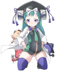 Rule 34 | &gt;:), 1girl, axe, black footwear, black hat, boots, bow, breasts, character request, closed mouth, green hair, green neckwear, hair bow, hands on own hips, hat, hat ribbon, holding, holding axe, holding staff, karukan (monjya), kneeling, lab coat, long hair, long sleeves, looking at viewer, mortarboard, panties, purple eyes, purple ribbon, purple thighhighs, ribbon, shinrabanshou, simple background, small breasts, smile, solo, staff, thighhighs, underwear, v-shaped eyebrows, white background, white bow, white panties, witch hat