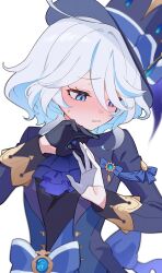 Rule 34 | 1girl, ascot, black gloves, blue ascot, blue brooch, blue eyes, blue hair, blue hat, blue jacket, blush, furina (genshin impact), furrowed brow, genshin impact, gloves, hair between eyes, hat, heterochromia, highres, jacket, light blue hair, looking down, multicolored hair, ponpe max, short hair, sidelocks, simple background, solo, streaked hair, sweatdrop, top hat, two-tone hair, upper body, white background, white gloves