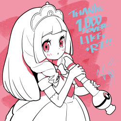 Rule 34 | 1girl, blunt bangs, blush, borrowed hairstyle, bow, cosplay, creatures (company), dress, drill hair, elbow gloves, eyelashes, game freak, gloves, highres, holding, holding instrument, instrument, kinocopro, lillie (pokemon), long hair, milestone celebration, nintendo, off-shoulder dress, off shoulder, parted lips, pink background, pink eyes, pink gemstone, pokemon, pokemon (anime), pokemon sm (anime), pokemon xy (anime), princess allie (cosplay), solo, thank you, tiara