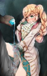 Rule 34 | 1boy, 1girl, asana tsukune, ascot, black gloves, blonde hair, blush, braid, clothes lift, coat, commentary request, drooling, fencer (tree of savior), girl on top, gloved handjob, gloves, green eyes, grinding, handjob, hetero, highres, huge penis, long hair, no panties, open mouth, penis, potion, pouring, pussy, pussy juice, saliva, skirt, skirt lift, solo focus, straddling, tareme, tears, thighhighs, tree of savior, trembling, twin braids, uncensored, veins, veiny penis