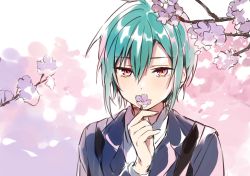 Rule 34 | androgynous, backpack, bad id, bad twitter id, bag, cherry blossoms, flower, flower on mouth, flower over mouth, gender request, green hair, konbu wakame, nijisanji, purple eyes, ryuushen, short hair, solo, uniform, virtual youtuber