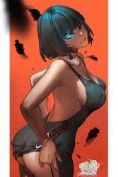 Rule 34 | 1girl, ass, bare back, black dress, black hair, blue eyes, bracelet, breasts, closed mouth, commentary, covered erect nipples, dress, english commentary, fubuki (one-punch man), glowing, glowing eye, highres, hu dako, jewelry, lips, looking at viewer, medium breasts, necklace, one-punch man, orange background, patreon username, short hair, simple background, smile, solo, thighs