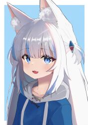 Rule 34 | 1girl, :3, absurdres, animal ear fluff, animal ears, blue eyes, blue hair, blunt bangs, blush, cat ears, cropped torso, diamond-shaped pupils, diamond (shape), gawr gura, gawr gura (1st costume), hair ornament, highres, hololive, hololive english, holomyth, long hair, long sleeves, mr cookiew, multicolored hair, open mouth, outline, sharp teeth, short twintails, sidelocks, slit pupils, solo, symbol-shaped pupils, tagme, teeth, tongue, twintails, virtual youtuber, white hair, white outline