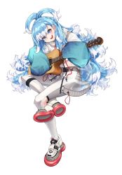 Rule 34 | 1girl, :d, absurdres, blue eyes, blue hair, crossed legs, full body, guitar, highres, holding, holding instrument, hololive, hololive indonesia, instrument, invisible chair, jacket, kobo kanaeru, long hair, long sleeves, looking at viewer, multicolored hair, ootoii, open clothes, open jacket, open mouth, pants, simple background, sitting, sleeves past fingers, sleeves past wrists, smile, solo, streaked hair, very long hair, virtual youtuber, white background, white hair, white pants