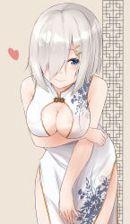 Rule 34 | 10s, 1girl, absurdres, alternate costume, bare arms, bare shoulders, beige background, blue eyes, breast hold, breasts, china dress, chinese clothes, cleavage cutout, clothing cutout, dress, hair ornament, hair over one eye, hairclip, hamakaze (kancolle), heart, highres, kantai collection, large breasts, saku (kudrove), short hair, silver hair, smile, solo, white dress